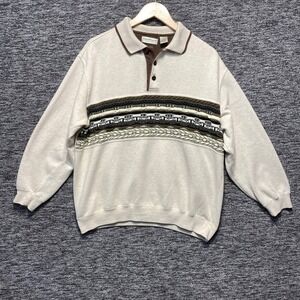 VTG Norm Thompson Sweater Sweatshirt Mens L Cream Knit Striped Collar 90s Polo